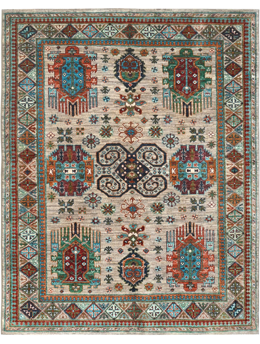 Decorative rug with intricate patterns and colors on a beige background