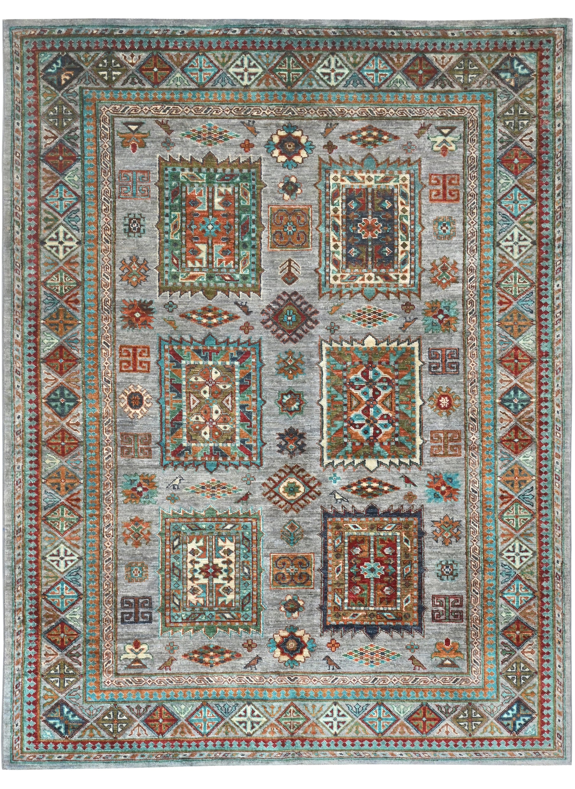 Decorative rug with geometric pattern on a gray background
