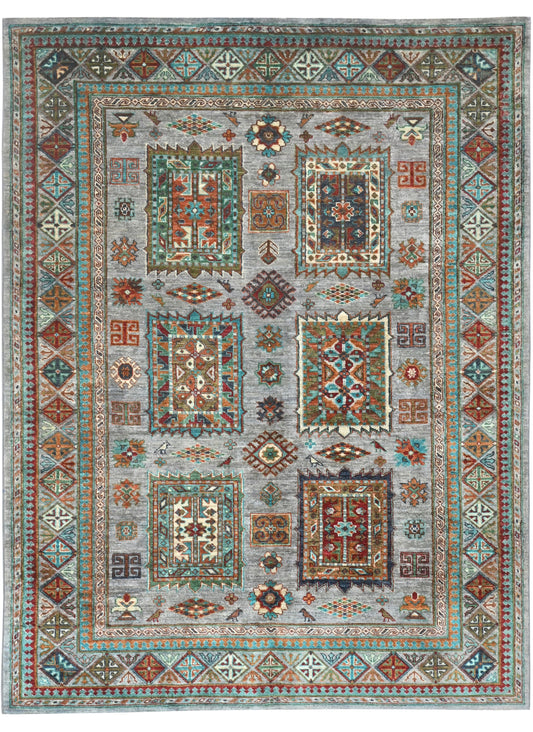 Decorative rug with geometric pattern on a gray background