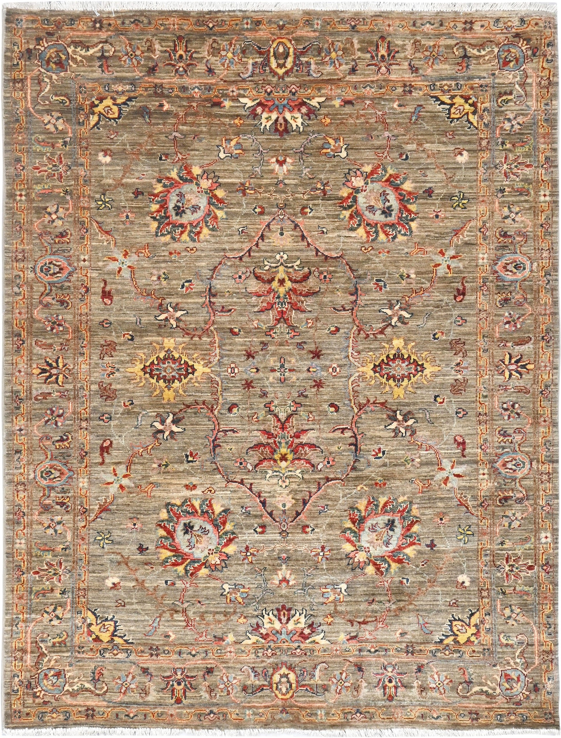 Decorative rug with intricate patterns on a beige background