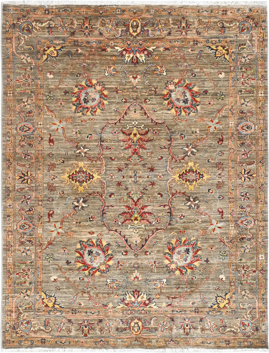Decorative rug with intricate patterns on a beige background