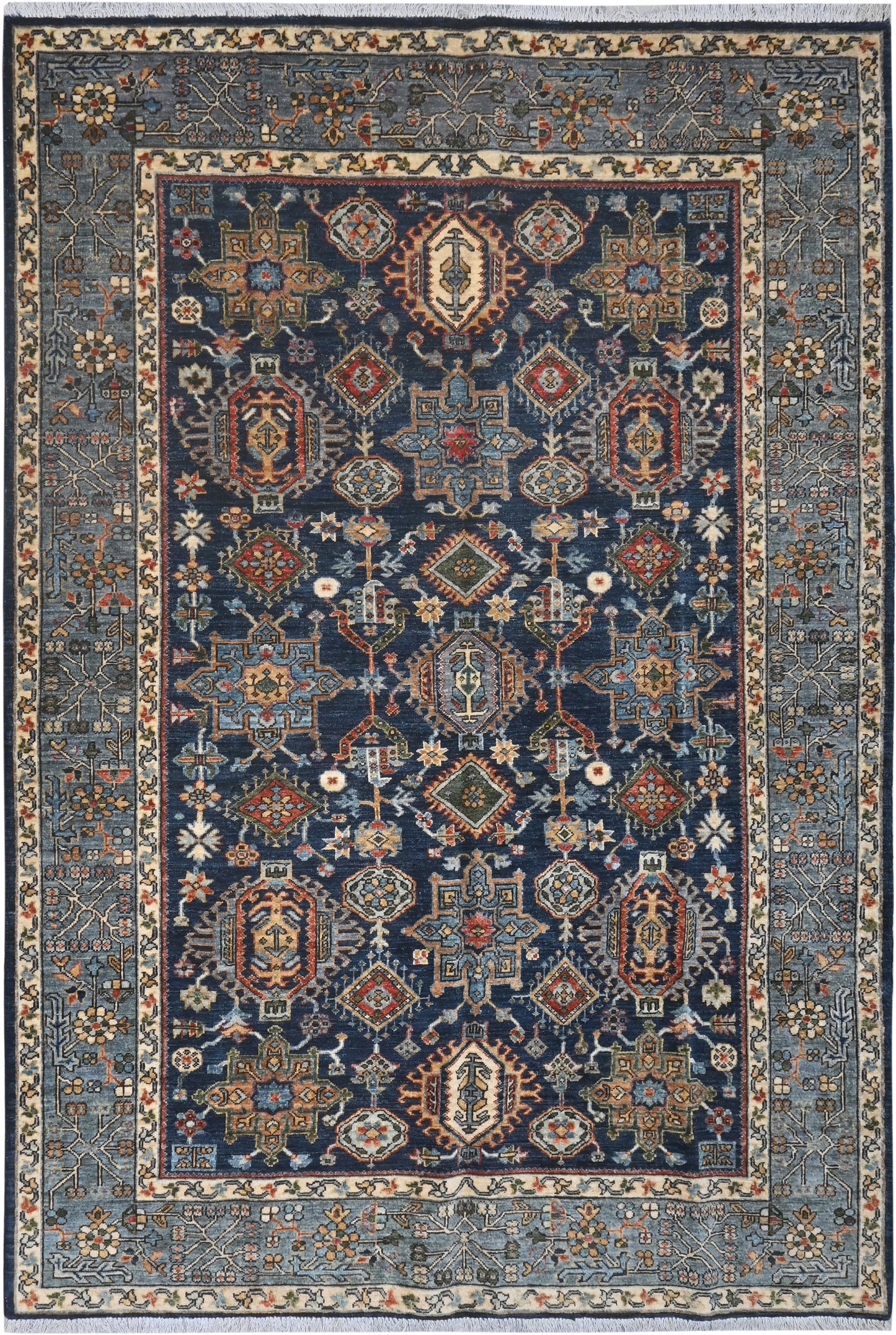 Decorative rug with intricate patterns on a blue background