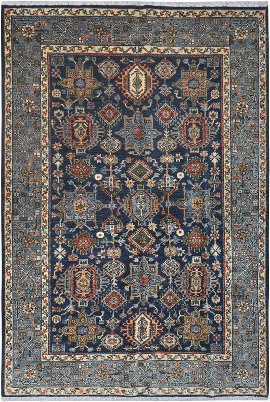 Decorative rug with intricate patterns on a blue background