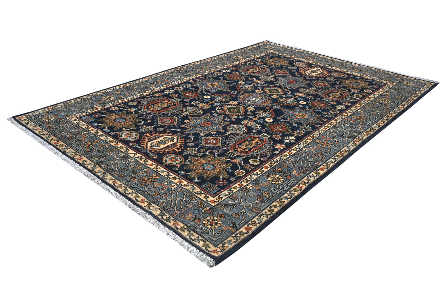 Decorative rug with intricate patterns on a white background