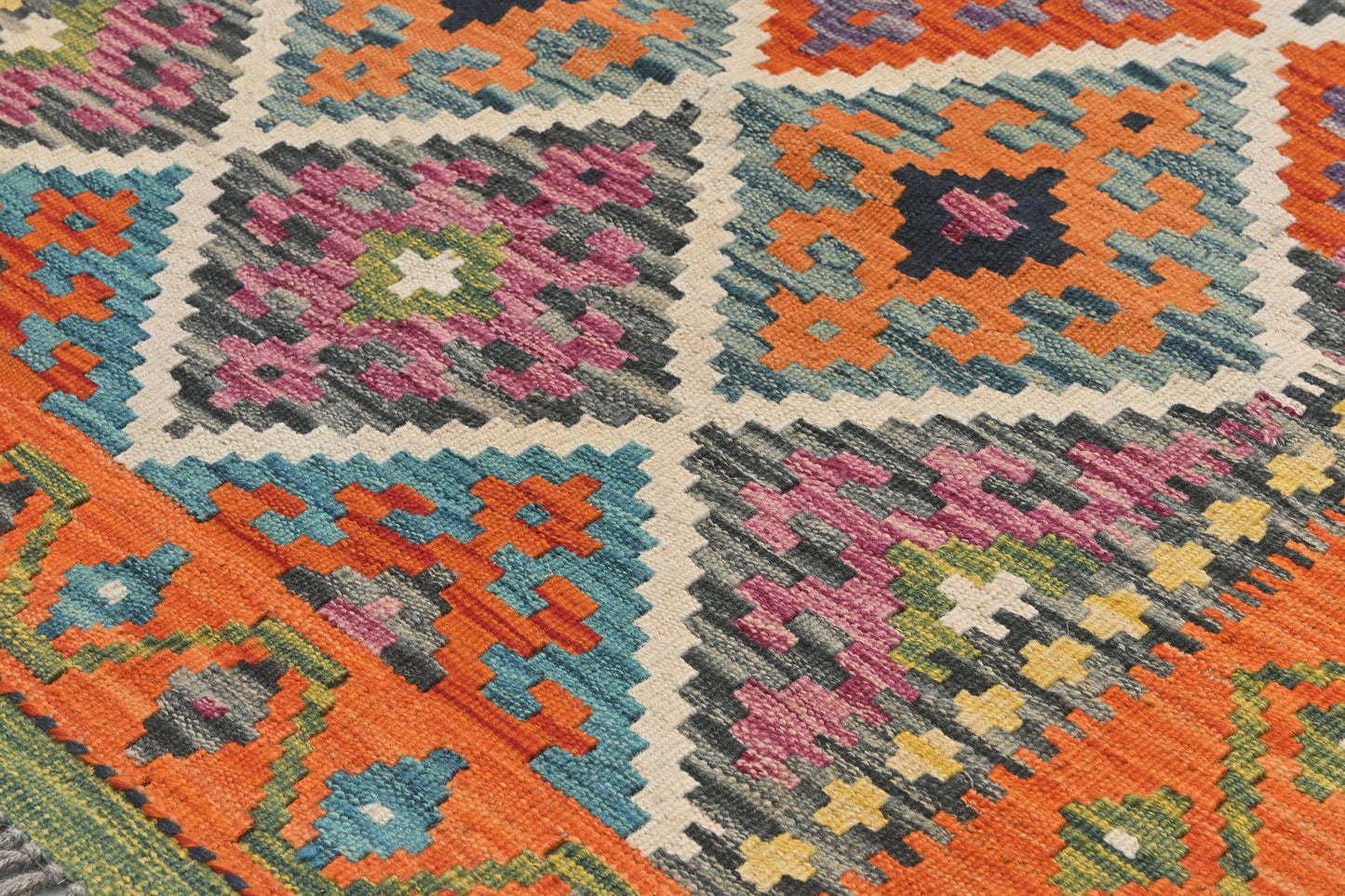 Close-up of a colorful patterned rug with geometric designs.