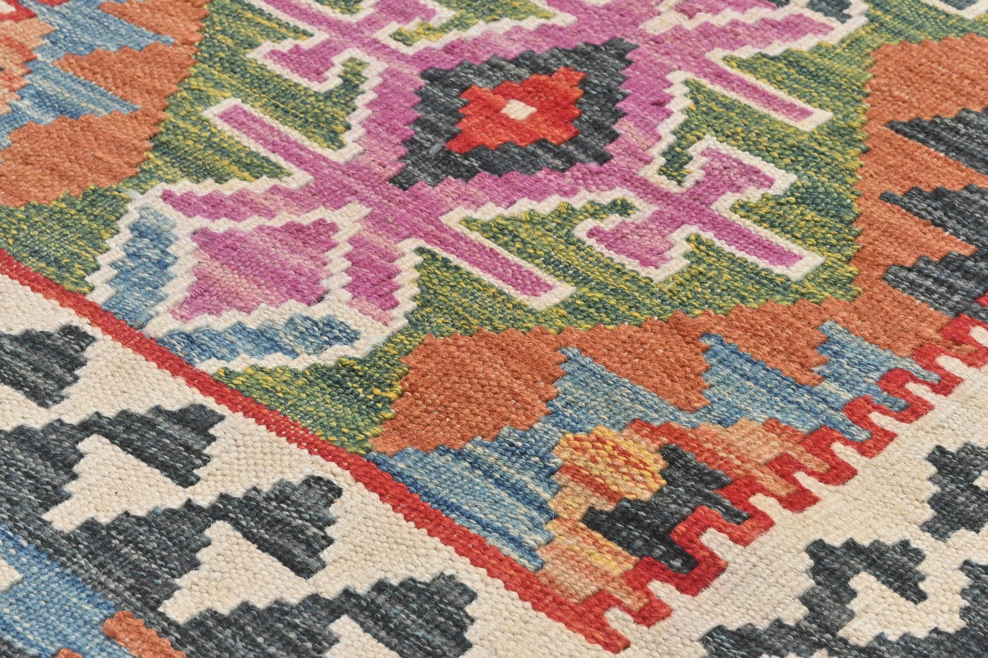 Close-up of a colorful patterned rug with geometric design