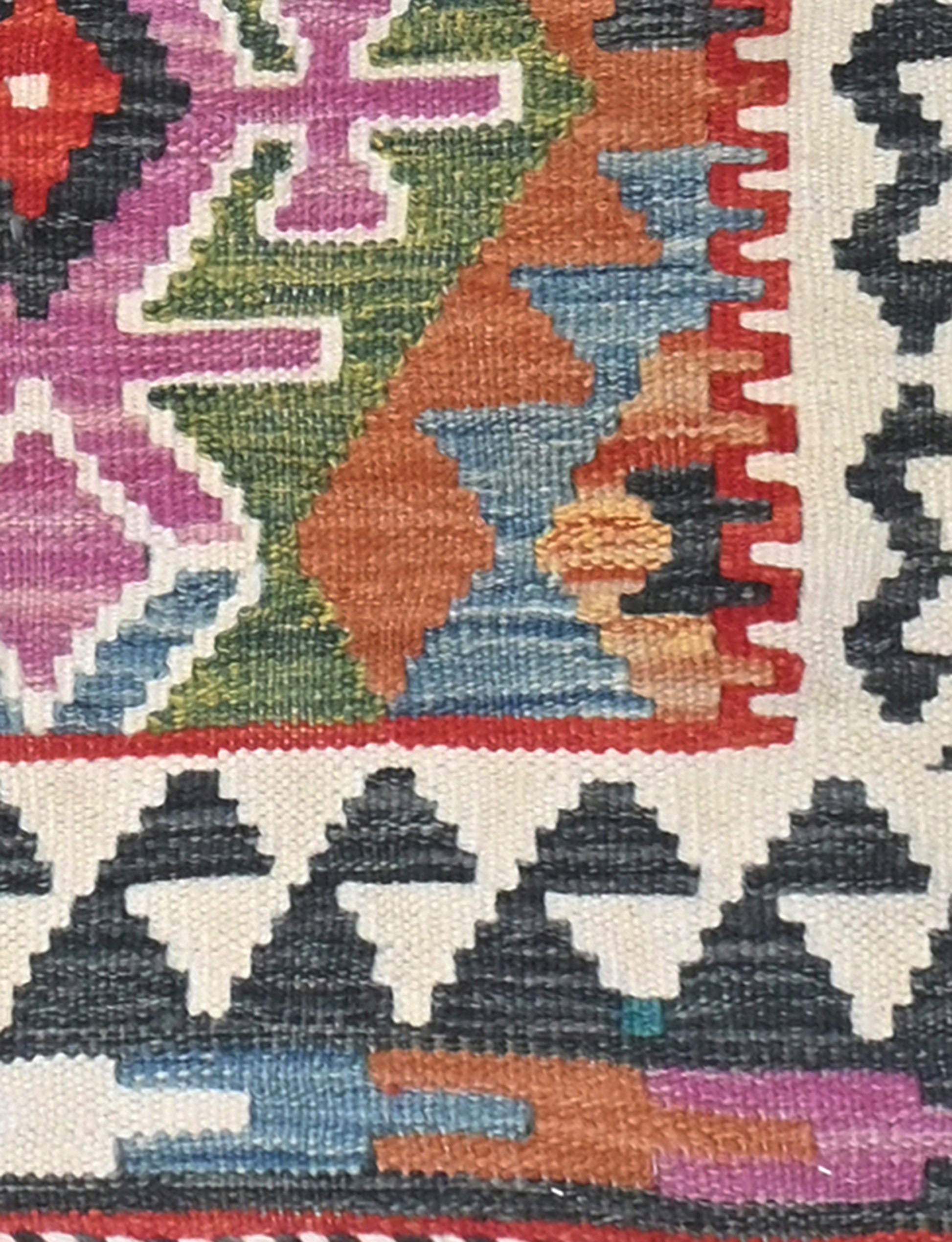 Close-up of a colorful geometric patterned fabric with various colors.