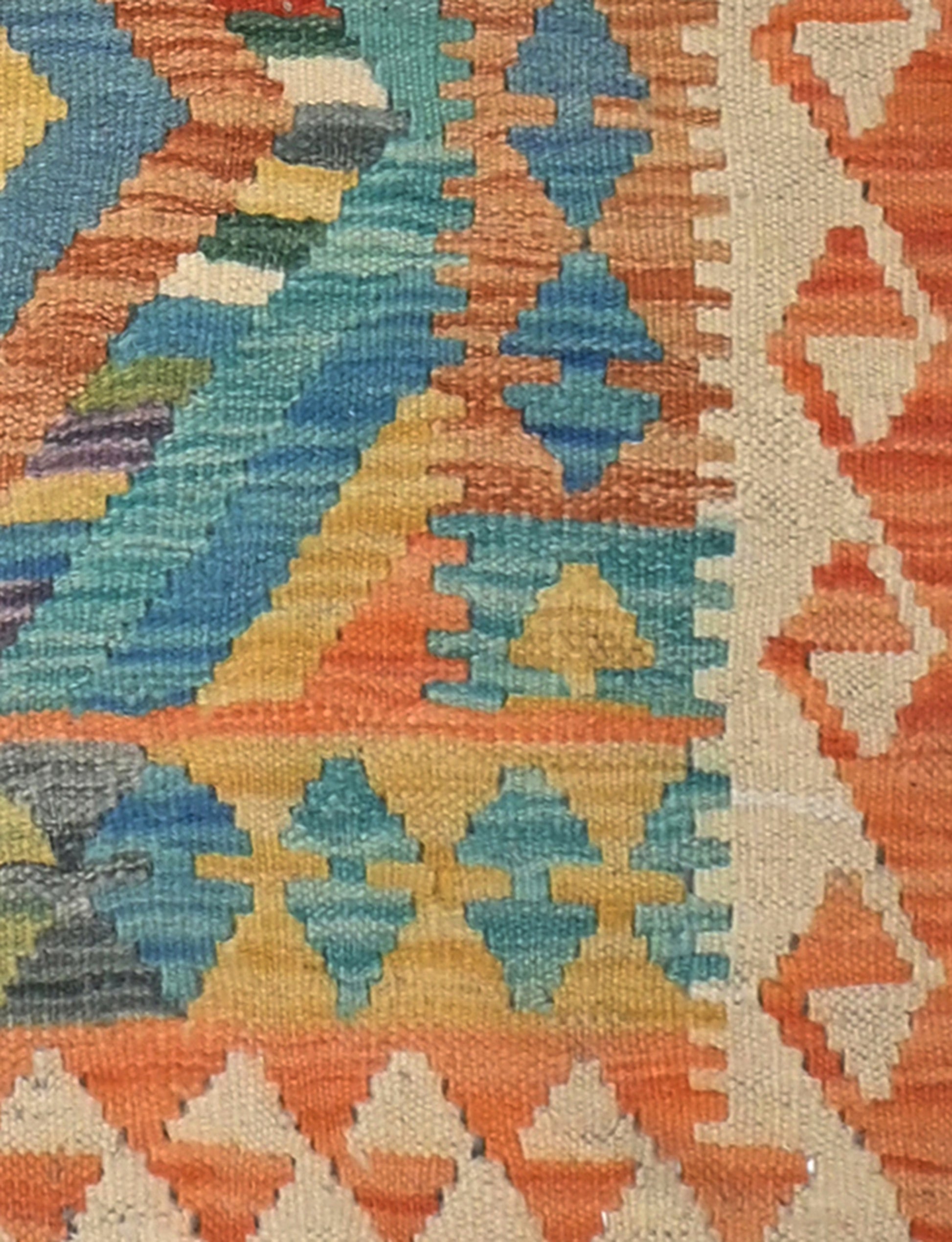Close-up of a colorful patterned rug with geometric designs.