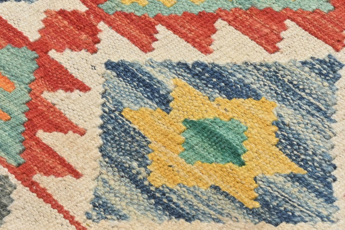 Close-up of a colorful geometric patterned rug with a star design.