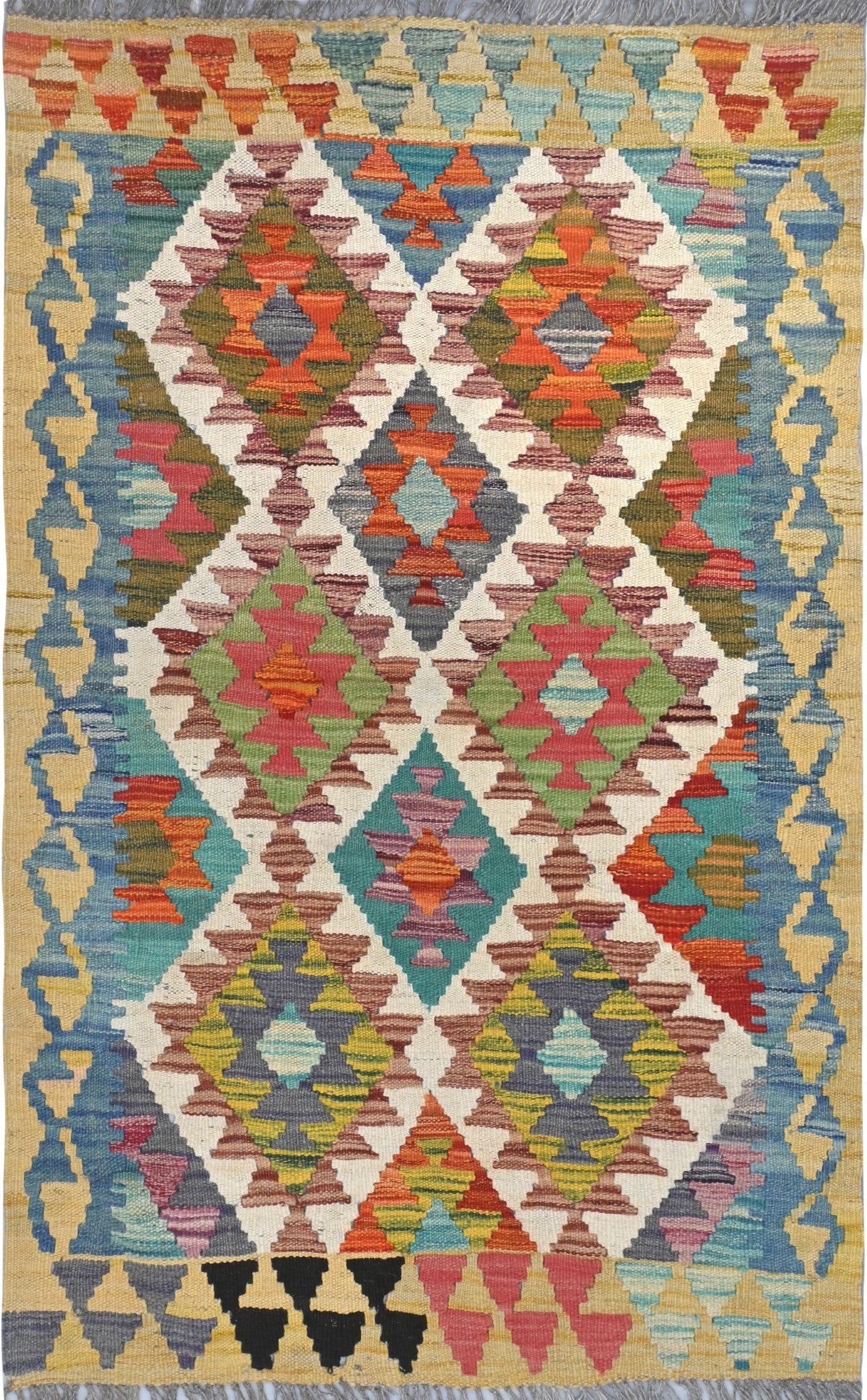 Multicolored geometric patterned rug with triangles and diamonds