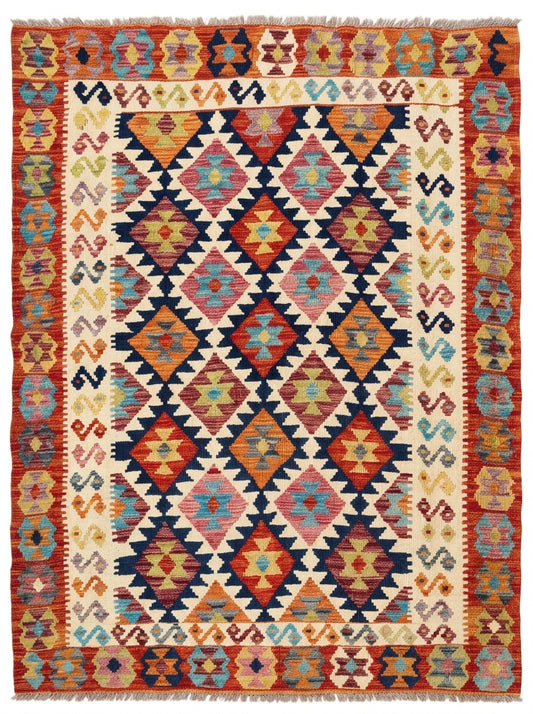 Colorful Eastofhere kilim rug measuring 197x151cm with geometric patterns, woven from traditional textile materials.